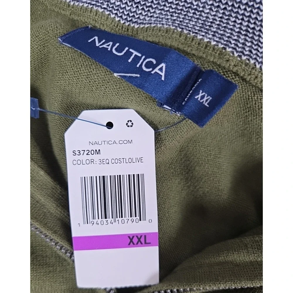 Nautica Mens 2XL Pullover Sweater 1/4 Zip Olive Green Logo‎ Preppy Golf Walk NEW